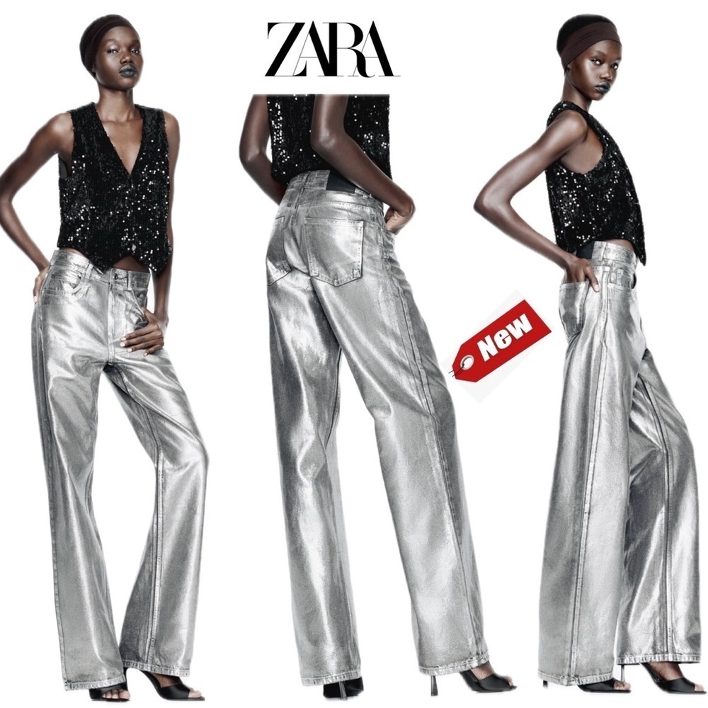 Zara metallic silver foil mid rise straight leg denim jeans Sz 2 NWT